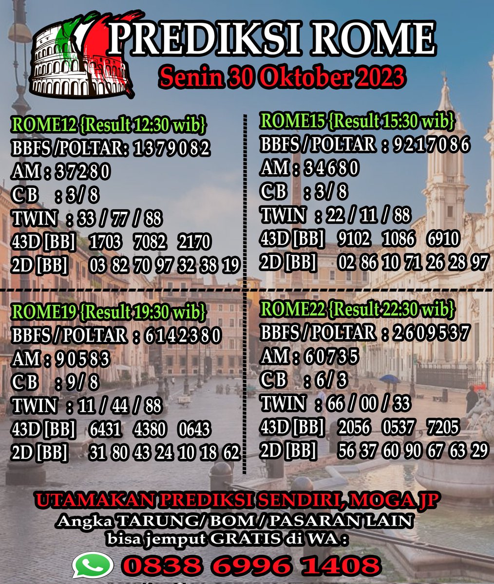 prediksimas's tweet photo. PREDIKSI ROME SENIN 30 OKTOBER 2023 BOM dan angka lain bisa jemput di WA 0838 6996 1408 GRATIS #MexicoGP #RWCFinal #starlinkforgaza #rome #Togelrome #bocoranangka #togelonline #rumusanjitu #prediksitogelhariini #pastijp #togelonlineterpercaya https://t.co/lNudi27TO9
