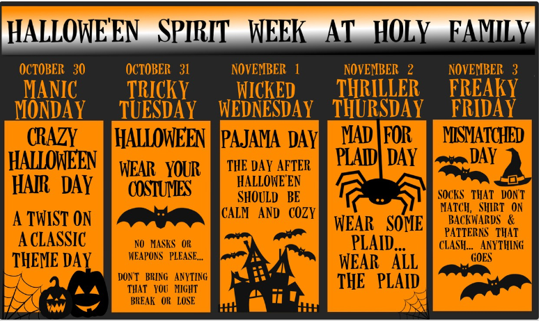 MrsCThomson's tweet photo. Its Spirit week.  Here are all the activities this week. @HolyFamilyOCSB https://t.co/LyoPT9dqyQ