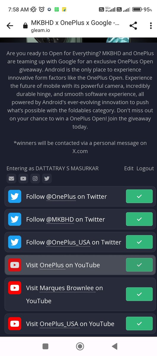 Dattatray_84's tweet photo. @OnePlus_USA Participated and waiting for my luck 🤞❤️
#OnePlusOpen #OpenforEverything
@oneplus @OnePlus_USA
@OnePlus_IN @MKBHD @Google https://t.co/Lu1kjU277y