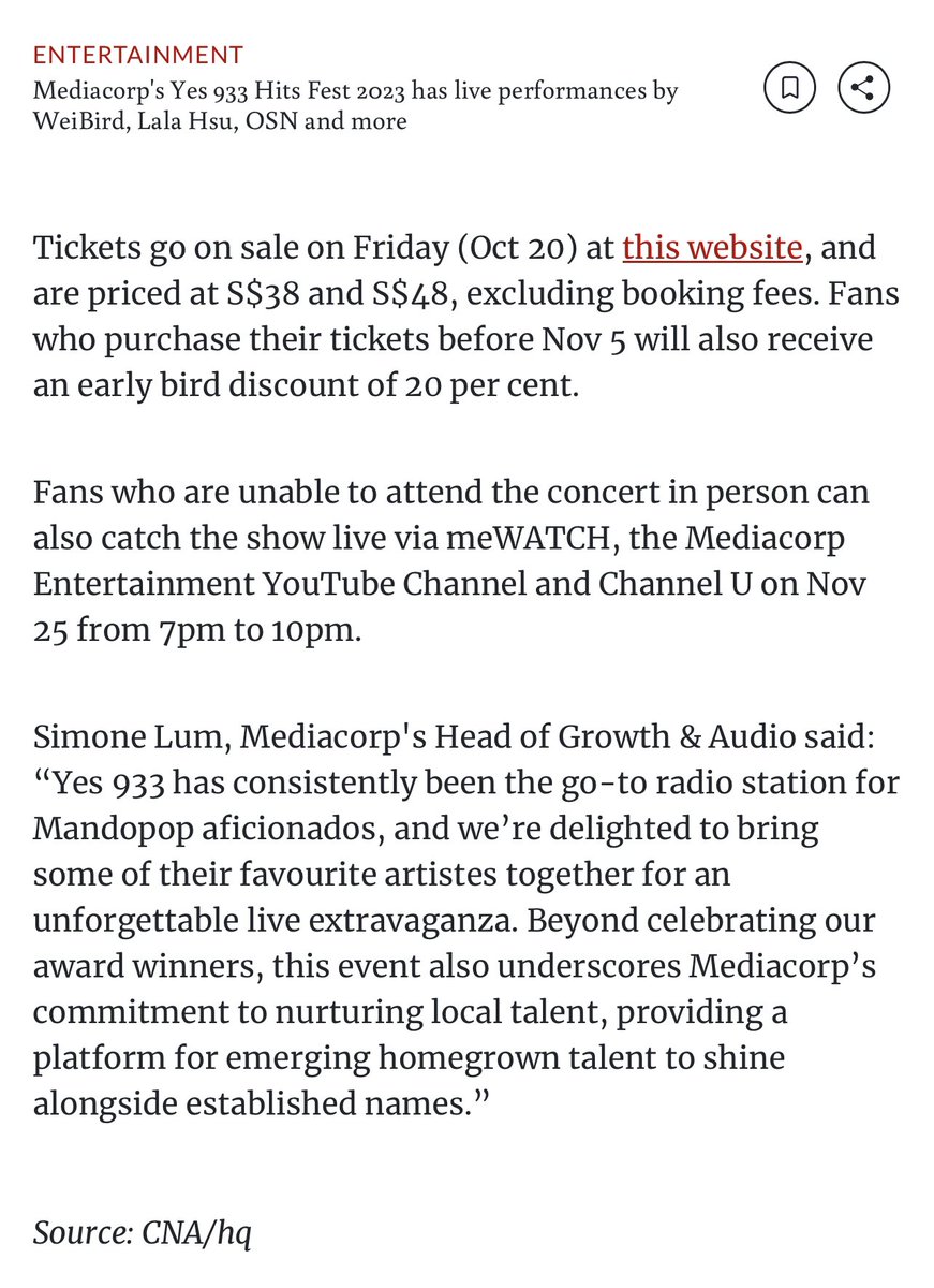Live for #YES933HITSFEST !🥹

“Fans who are unable to attend the concert in person can also catch the show live via meWATCH, the Mediacorp Entertainment YouTube Channel and Channel U on Nov 25 from 7pm to 10pm”

🔗 cnalifestyle.channelnewsasia.com/entertainment/…

#bbrightvc @bbrightvc
