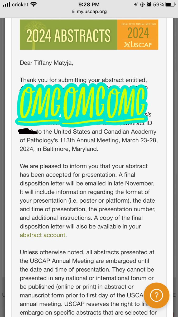 TifMat2026's tweet photo. Absolutely thrilled that my abstract from my time as a  Klionsky Fellow at @UPMCPathology has been accepted to @TheUSCAP Annual Meeting! My first big conference as a medical student too! @WCUCOMDO @Research_WCUCOM #USCAP #PathTwitter https://t.co/pVZdf6XFyx