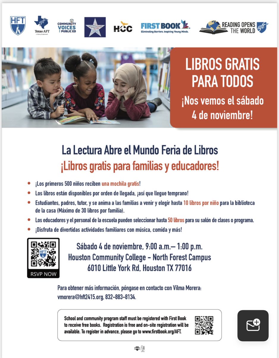 While HISD is closing libraries and firing librarians, HFT along with AFT is giving away 40k books. Come and bring someone to get free books.