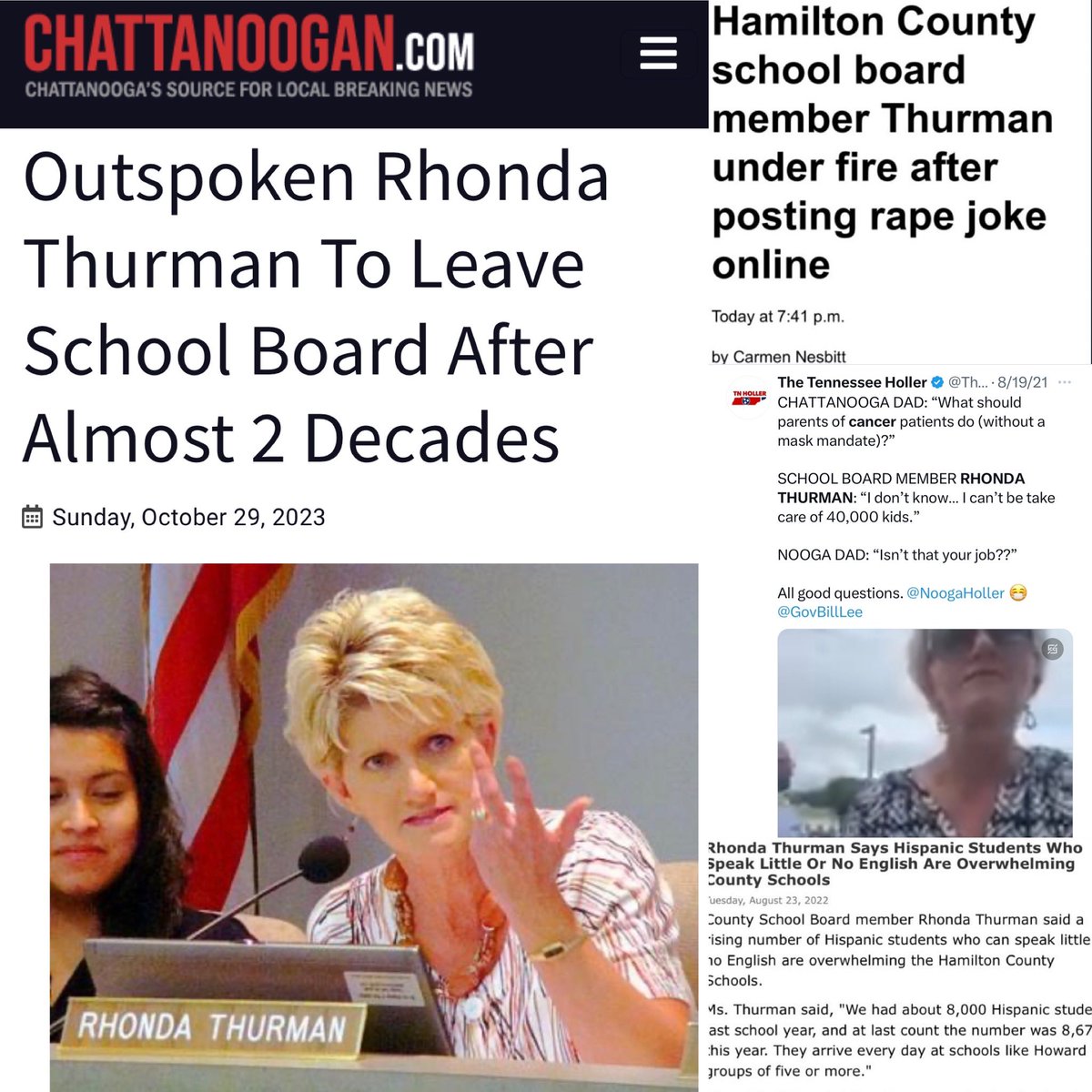 ⚡️Some good news — extremist @hamcoschools board member Rhonda Thurman, who we have covered for various (terrible) reasons over the years — is leaving. 👋🏽 chattanoogan.com/2023/10/29/477…
