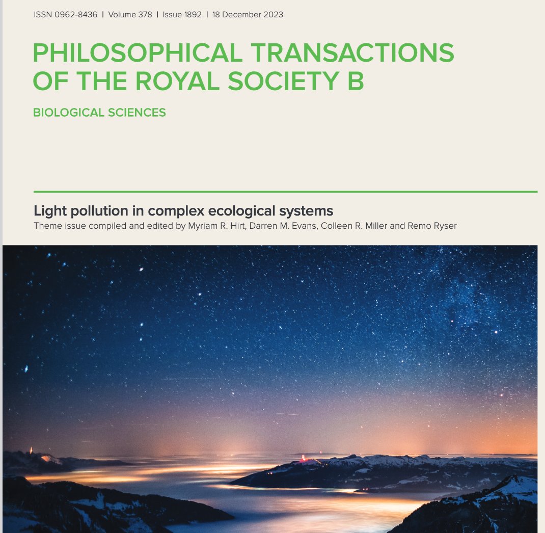 If you study #lightpollution and #ecology, drop everything and go read this special issue, edited by @MyriamHirt , @DarrenMarkEvans , @ColleenEcology , and @Remo_Ryser . royalsocietypublishing.org/toc/rstb/2023/… An abundance of riches here!