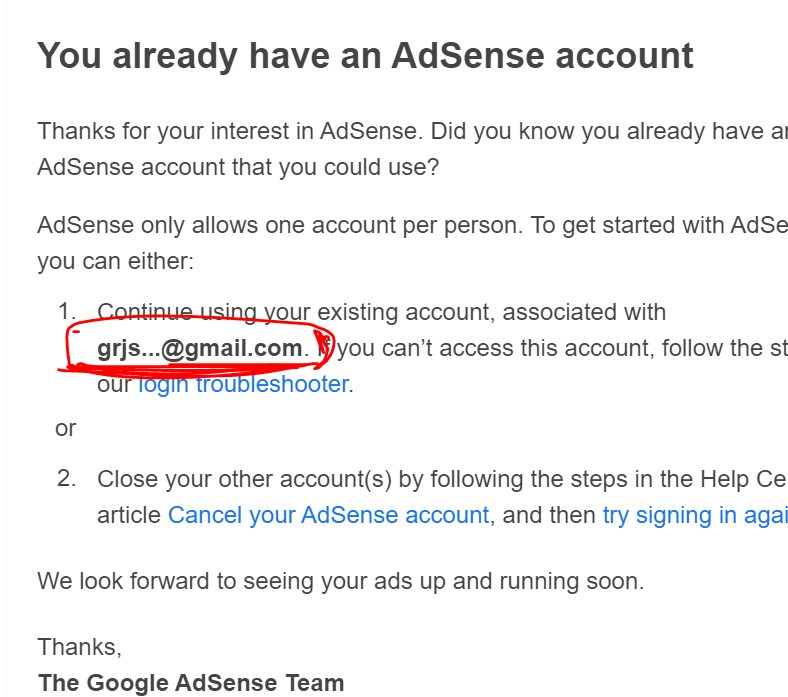 developerpawan's tweet photo. Hii @AdSense Team,
Recently I submit my Youtube channel to my Adsense account and they send me an mail "You already have an AdSense account". But I'm sure that I don't have this email address showing in this screenshot.

So Please fix this problem or show me full email address. https://t.co/YH16DDzEN3