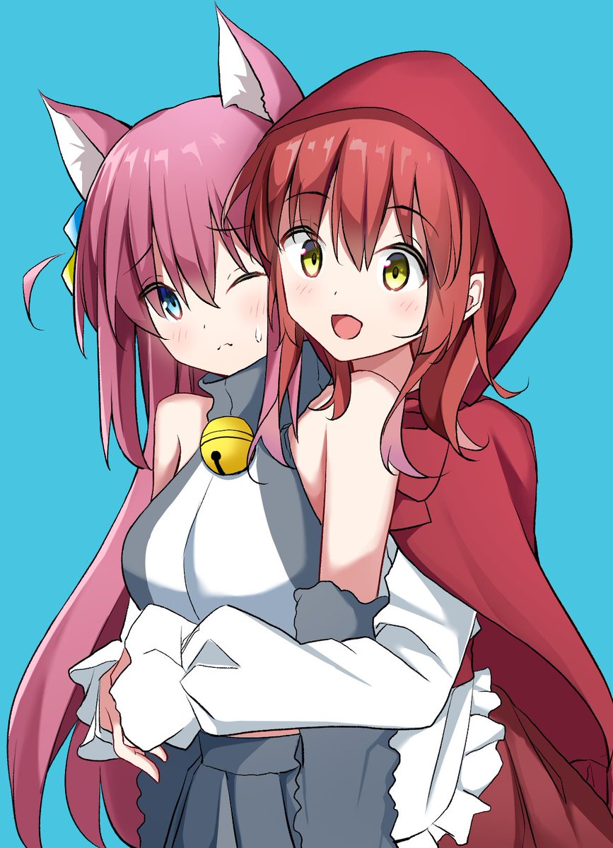 gotou hitori ,little red riding hood (grimm) multiple girls 2girls animal ears hug from behind pink hair long hair little red riding hood (grimm) (cosplay)  illustration images