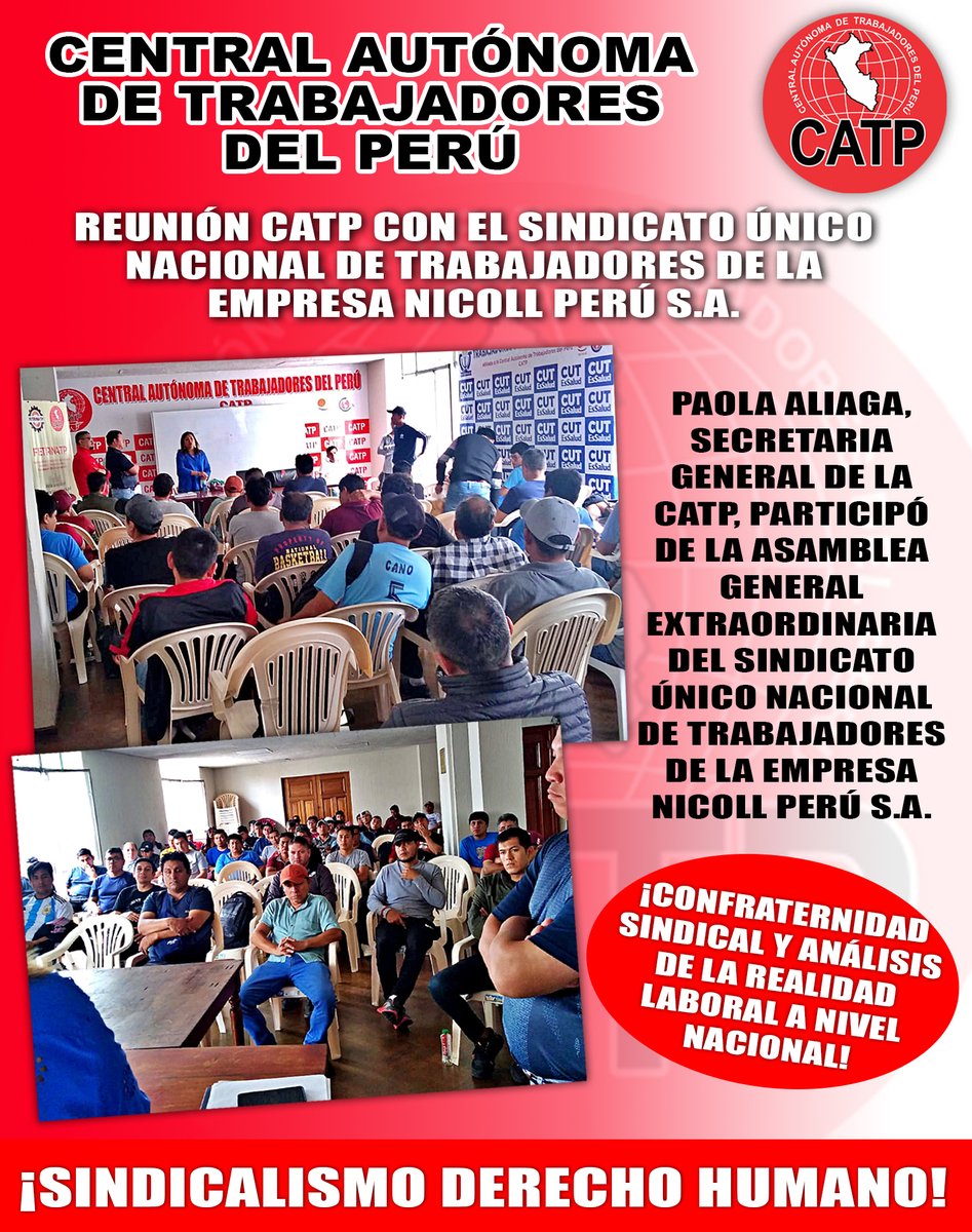 catpperu's tweet photo. Sec. Gral. de la @CATP_Peru_, @Paliaga2409, participó de Asamblea General Extraordinaria dle Sindicato Único Nacional de Trabajadores de la Empresa Nicoll Perú SA. que desarrolla sistemas plásticos de tuberías. ¡#Sindicalismo #DerechoHumano! @itacamo @OITnoticias @MTPE_Peru https://t.co/tHeYlUgEuO
