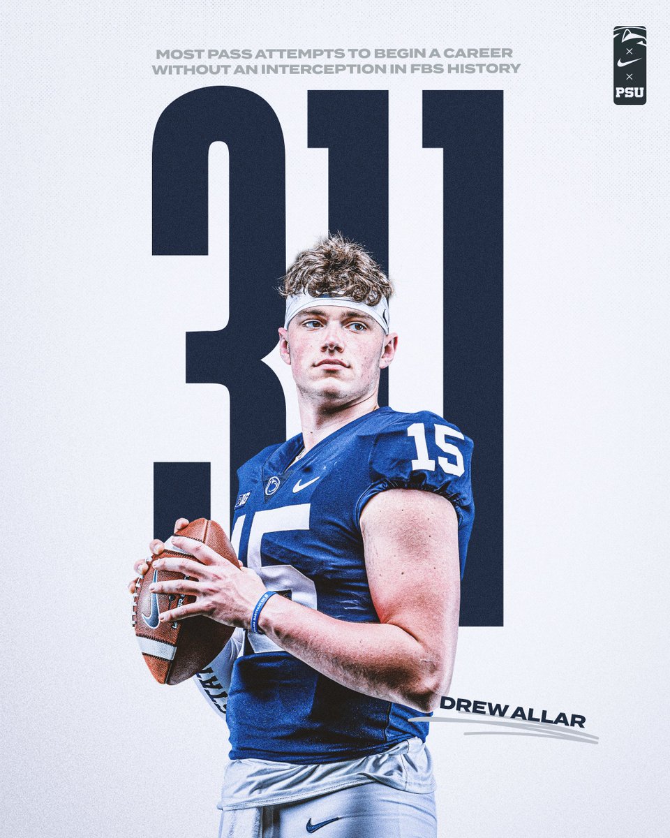 Penn State Football (@pennstatefball) on Twitter photo Drew Allar โ Most pass attempts to begin a career without an interception in FBS history.
#WeAre | <a href="/AllarDrew/">Drew Allar</a> Drew Allar โ Most pass attempts to begin a career without an interception in FBS history.
#WeAre | <a href="/AllarDrew/">Drew Allar</a>