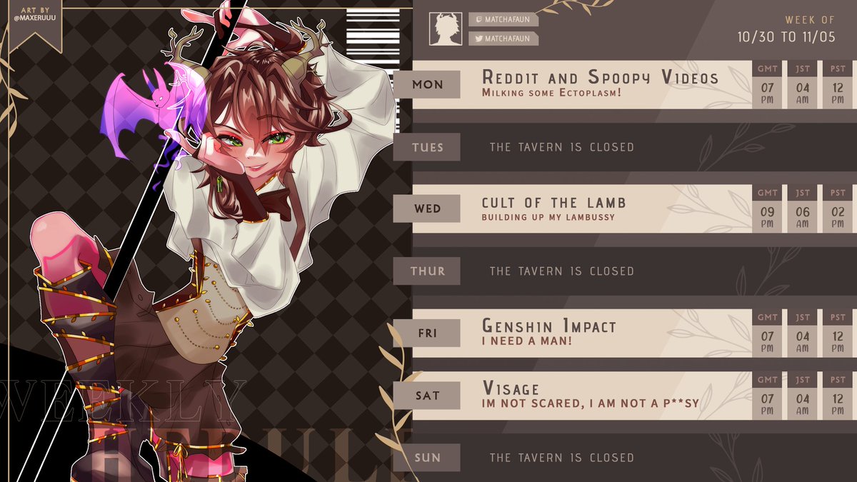 MatchaFaun's tweet image. 🍵This Week's Schedule🍵
🦌10/30-11/05🦌

Y'all! IM SO EXAUSETED FROM WOOORK! Can someone come give me a back rub pleease, ILL PAY!?I could use some R&amp;amp;R with y'all! Stop by and give me a hug cuties!