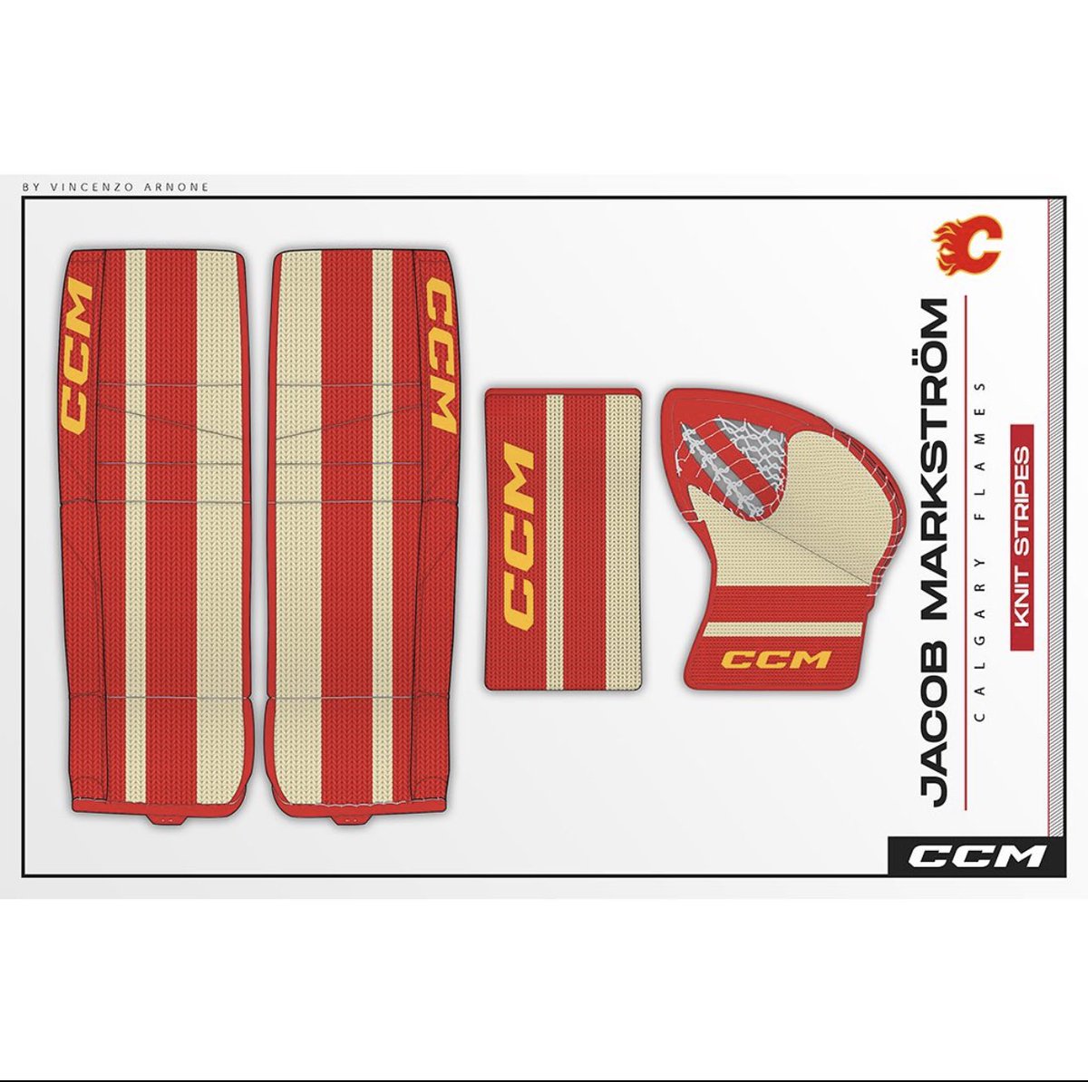 Keeping with the theme, Markstrom’s custom <a href="/CCMGoalie/">CCM Goalie</a> equipment includes the knit motif. Zoom in to appreciate the detail. Design work by <a href="/TheVincenzoA/">Vincenzo Arnone</a>.