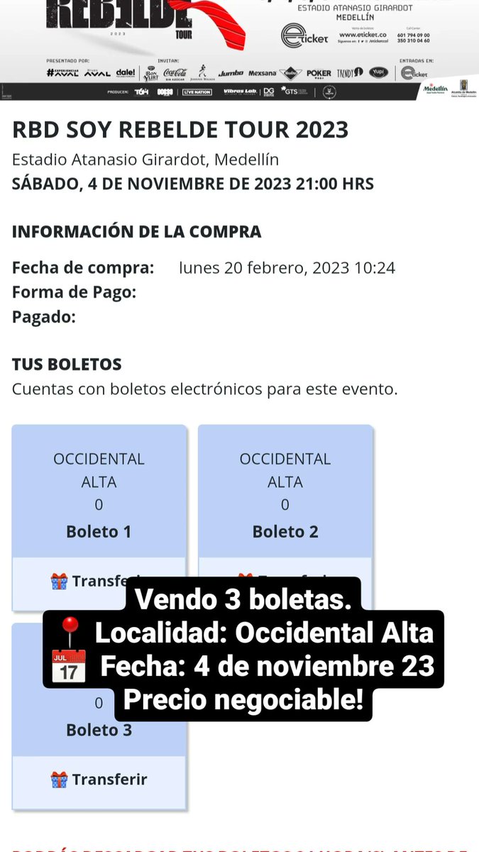 melii9918's tweet photo. VENDO TRES BOLETAS PARA SOY REBELDE TOUR COLOMBIA.

📍Localidad: Occidental Alta
📅  Fecha: 4 de noviembre
🏟 Estadio: Atanasio Girardot
💲Precio: Taquilla (Negociable)
Info: 3112690771
Se transfieren por Eticket!!

#RBD #boletasrbd #SoyRebeldeTour #Medellín #eticket https://t.co/VYnsxVpo7u