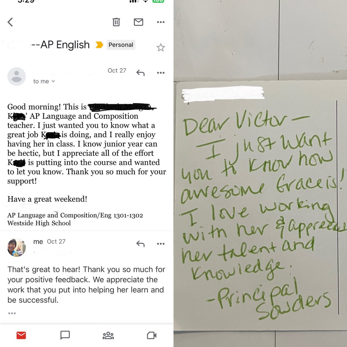 DiagGrace's tweet photo. Even grownups and older teens appreciate encouragement 🥰. My high school daughter’s teacher sent home an encouraging note the same day @MrSowders sent one home to my husband about me! 😃 Feeling appreciated and seen at @OLE_Leopards https://t.co/TzjJFkJ2Fp