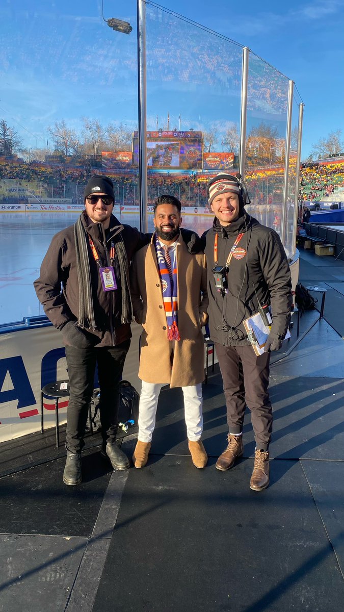 BrendenEscott's tweet photo. A few @NAIT RATV alums working tonight’s #HeritageClassic at Conmonwealth Stadium.

Incredible experience already…even better to share it with @TonyBrarOTV and @JoshTPark 👊🏼🏒

#NHL https://t.co/DxB2sCjo9L