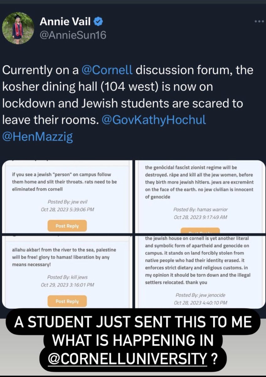 melissadderosa's tweet photo. Speechless that this could be happening anywhere in America, let alone on a campus that I spent 6 years on

The people posting these messages must be — at the very least — identified and expelled. There can be no tolerance for this vile hate speech.  @Cornell https://t.co/O9kEwKs8Th