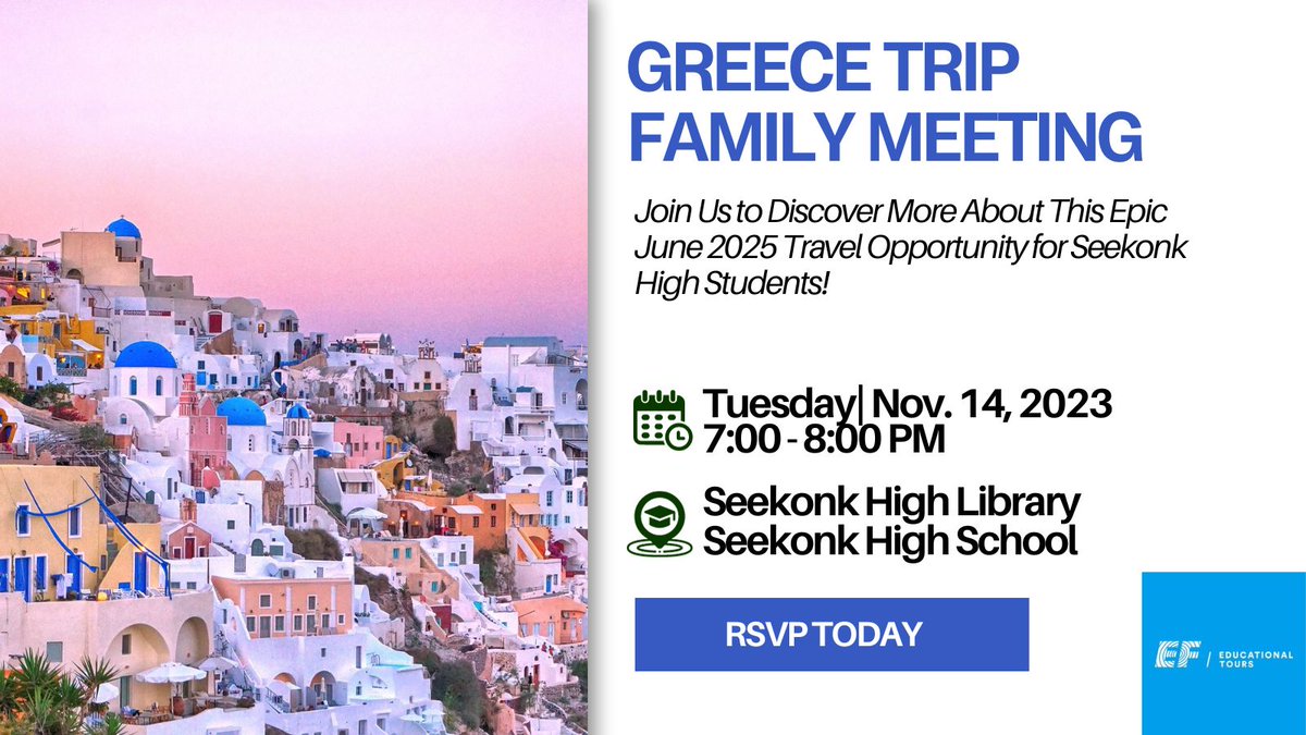 SHSLibrary1's tweet photo. Are you joining us??
@SeekonkHS is headed to Greece in 2025!  🇬🇷📷
Find out more at the family info. meeting on Tues., Nov. 14 - RSVP today to https://t.co/MQCAAqkpPi
@SeekonkPS #MammaMiaDreams #GreekAdventure https://t.co/InS14B6rFS