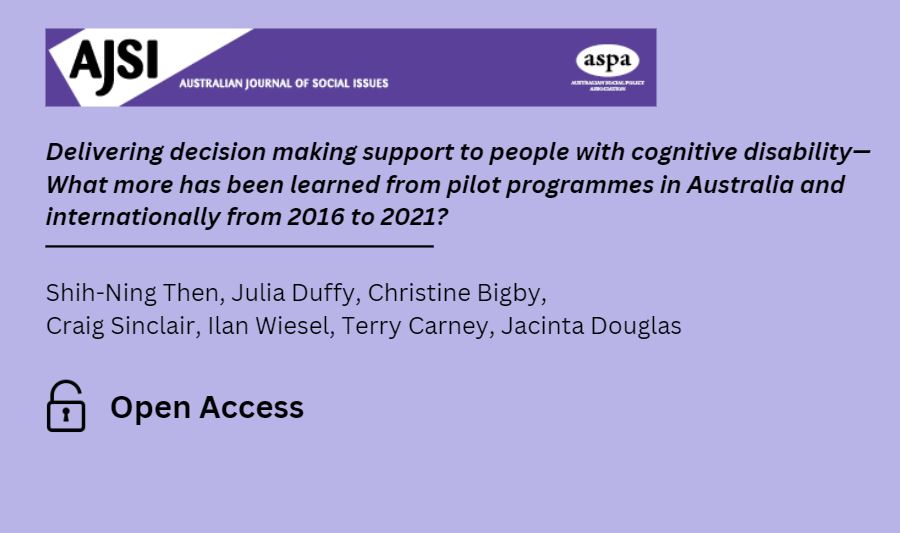 This paper identifies, describes and analyses pilot programmes providing support for decision making for people with cognitive disabilities in Australia and internationally between 2016 and 2021. onlinelibrary.wiley.com/doi/full/10.10…