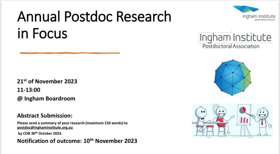 Ingham Institute Postdoc Association (@inghampostdoc) on Twitter photo The submission deadline for our Annual Postdoc Research in Focus is here!!! So please submit a brief summary of your research (maximum 150 words) to postdoc@inghaminstitute.org.au
by close of business.
#postdocresearchinfocus <a href="/UNSWMedicine/">UNSW Medicine & Health</a> <a href="/UNSW/">UNSW</a> <a href="/InghamInstitute/">Ingham Institute for Applied Medical Research</a> <a href="/swsydUNSW/">UNSW South West Sydney Clinical Campuses</a> The submission deadline for our Annual Postdoc Research in Focus is here!!! So please submit a brief summary of your research (maximum 150 words) to postdoc@inghaminstitute.org.au
by close of business.
#postdocresearchinfocus <a href="/UNSWMedicine/">UNSW Medicine & Health</a> <a href="/UNSW/">UNSW</a> <a href="/InghamInstitute/">Ingham Institute for Applied Medical Research</a> <a href="/swsydUNSW/">UNSW South West Sydney Clinical Campuses</a>