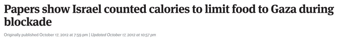 aaronjmate's tweet photo. Israeli leaders are such brazen liars. Israel has imposed a full siege of Gaza since 2007, controlling its caged Palestinians population to such a degree that it even calculated the amount of calories they could be limited to without a full-blown starvation crisis. https://t.co/uGjRQNkg14