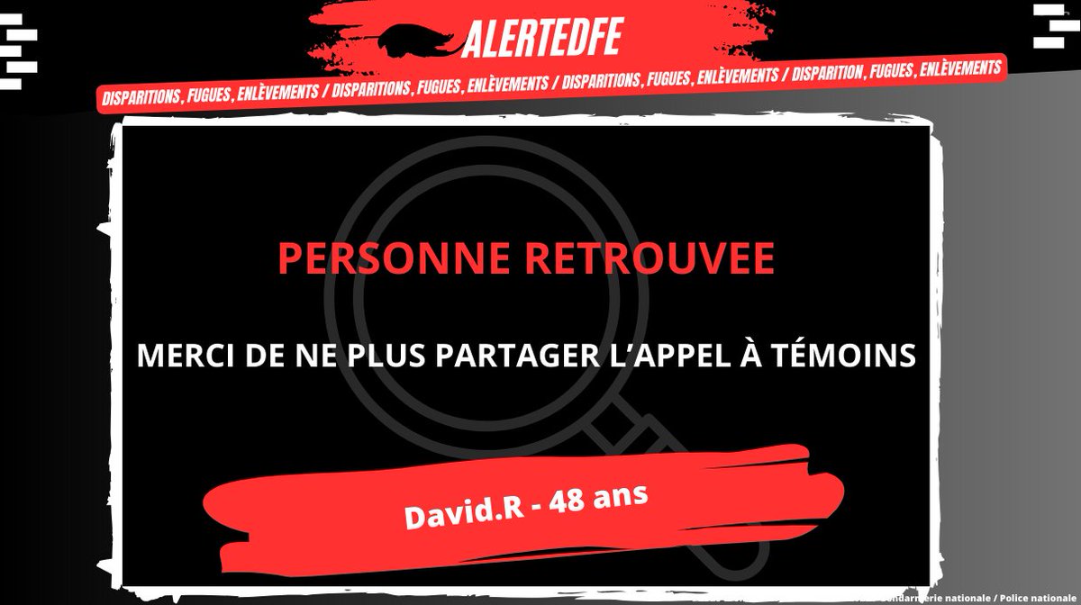 AlerteDFE's tweet photo. Mise à jour :
David a été retrouvé sain et sauf. Merci à toutes et à tous d'avoir relayé l'appel à témoins. Celui-ci prend donc fin. https://t.co/ba4MyCVel4