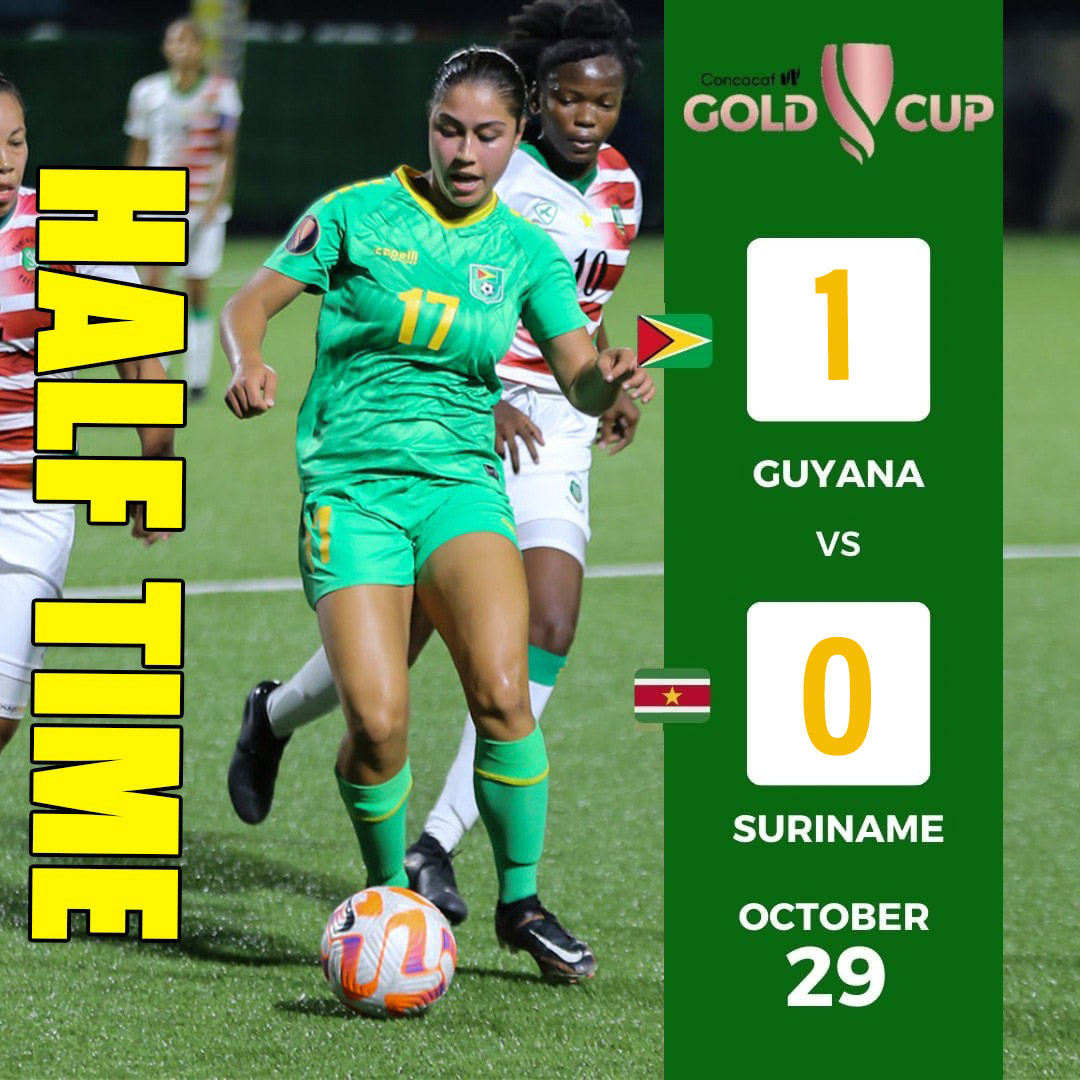 OfficialGFFInc's tweet photo. Guyana leads at half-time 🐆🇬🇾 with Goal from Otesha Charles 💪

#gff #ladyjags https://t.co/tctouA3oIv