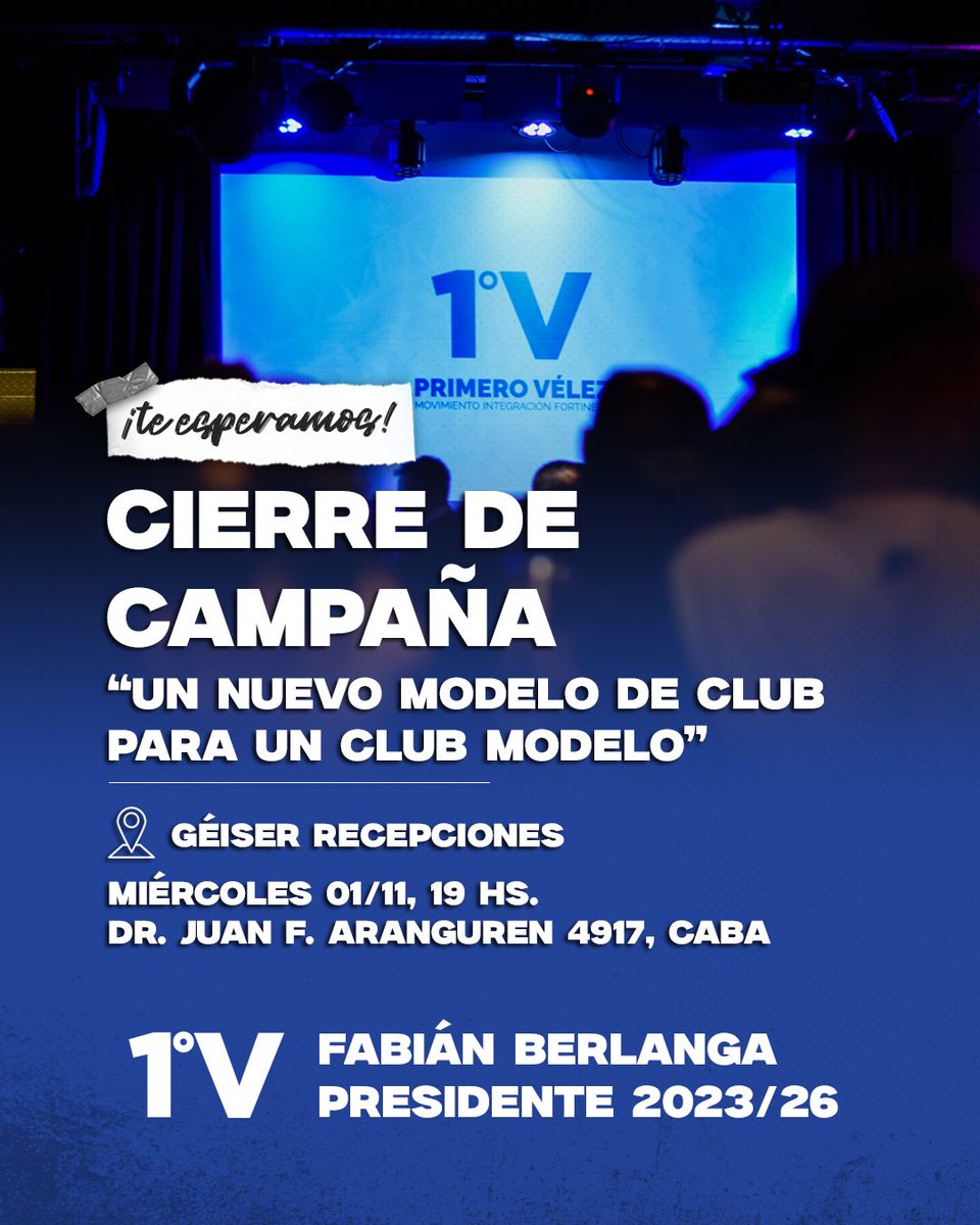⚪️🔵⚪ Te invitamos a formar parte de nuestro cierre de campaña. 

👉 Entrada abierta para todos los socios, socias e hinchas.

🤝 Asumimos el compromiso de devolverle el Club a sus verdaderos dueños, los socios.

Siempre, ante todo, Primero Vélez.

#Vélez
#UnEquipo
#Fabián2023