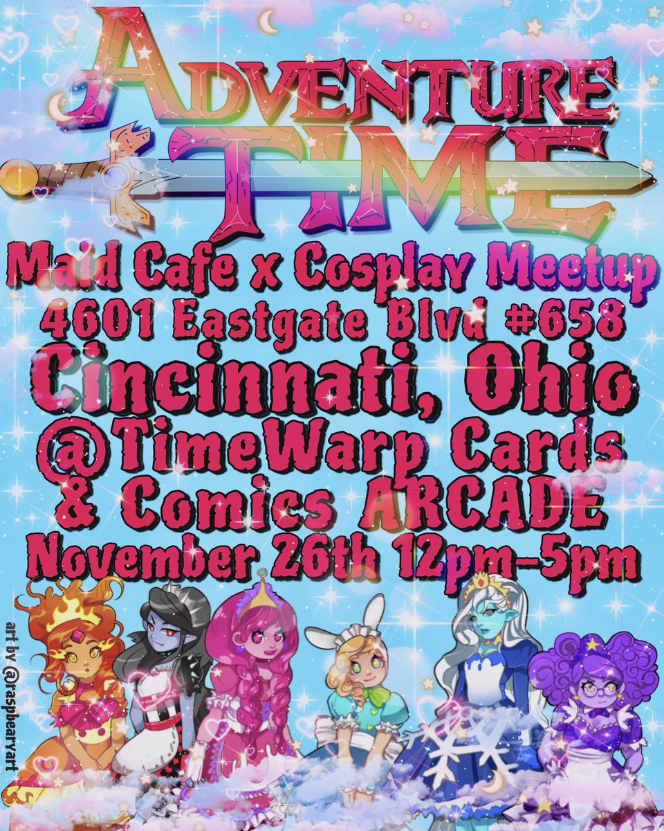 GaeaMaidCafe's tweet photo. Are you a fan of Adventure Time or Fionna &amp; Cake? Our maid cafe is hosting an event in Cincinnati! We'll be cosplaying your favorite characters, come dressed up and spend time with us!

Link to tickets below or in our Linktree

Art by @raspbearyart, go check them out!

#maidcafe https://t.co/CGxWn93BEY