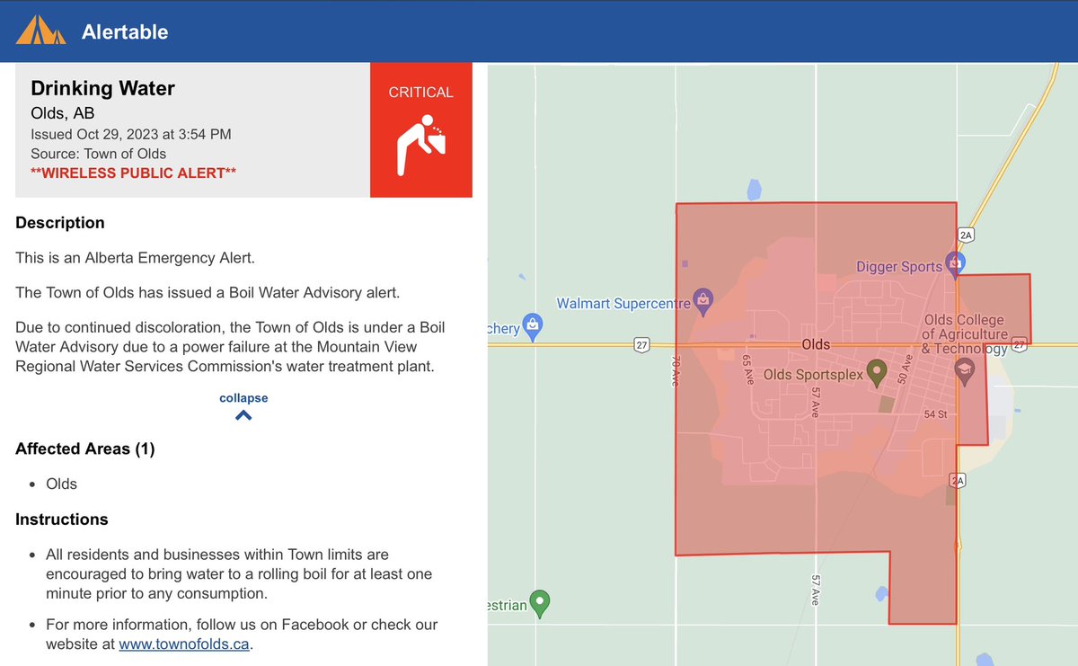 “Drinking Water
Olds, AB
Issued Oct 29, 2023 at 3:54 PM
Source: Town of Olds
**WIRELESS PUBLIC ALERT**” - @alertable_ca 

#Alberta #Olds #OldsAB
