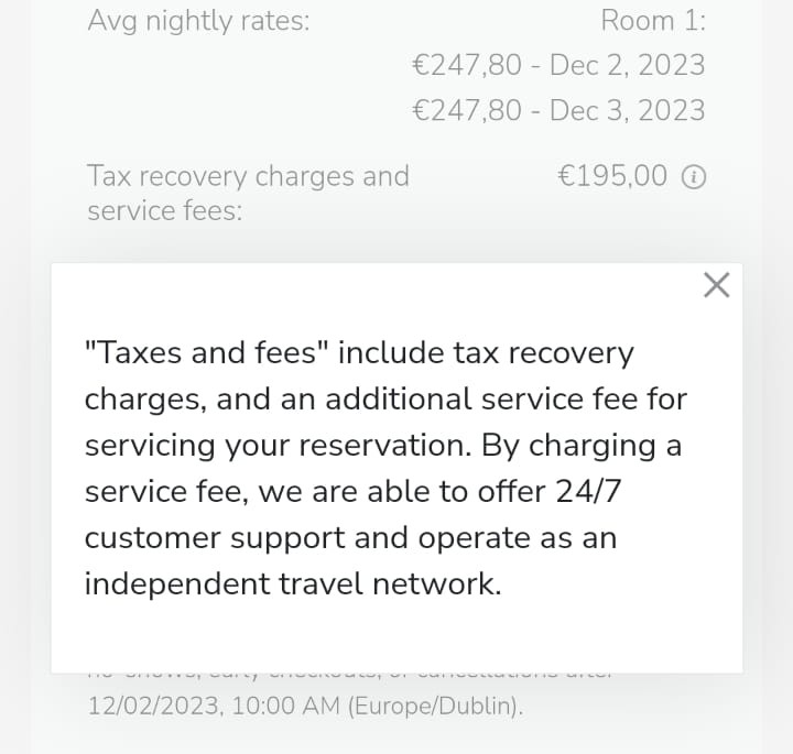 Was looking to book a couple of nights away at the beginning of December. Ridiculous "additional charges" of €195! Anyone else seen something like this? #RipOffIreland