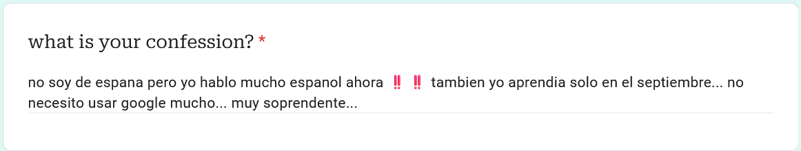 gftwtconfess's tweet photo. confession: "no soy de espana pero yo hablo mucho espanol ahora ‼️‼️ tambien yo aprendia solo en el septiembre... no necesito usar google mucho... muy soprendente..." (EL PIRATA YARHAR)

(translation in reply) https://t.co/e1iiVgiODa