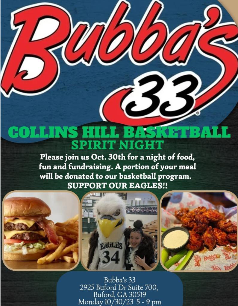 Join your Collins Hill Eagles for Spirit Night at Bubba’s located in Buford from 5pm-9pm🦅💚🖤🏀