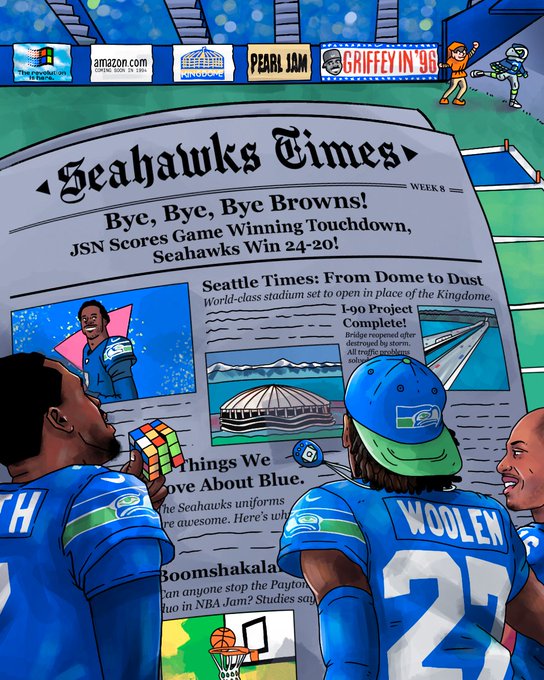 An illustration of a newspaper from the 90s. Hawks win!