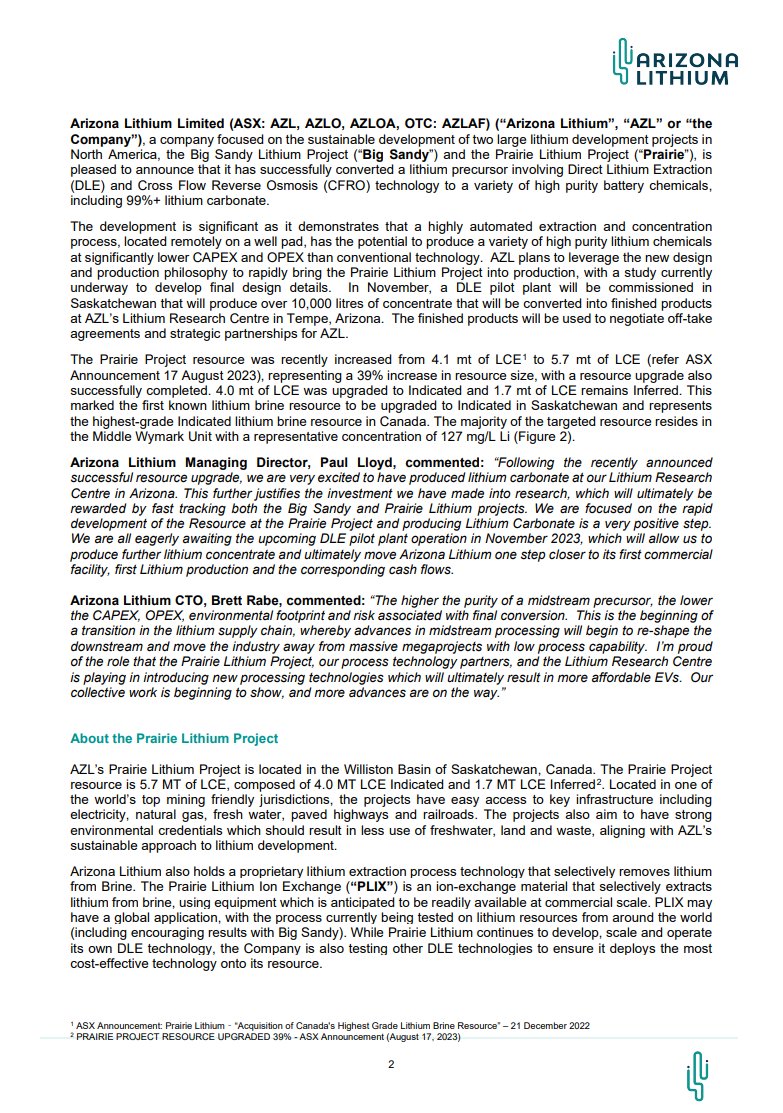 61Financial_AU's tweet photo. Arizona Lithium (#ASX: $AZL) has successfully converted a #lithium precursor involving Direct Lithium Extraction and Cross Flow Reverse Osmosis technology to a variety of high purity #battery chemicals, including 99%+ lithium carbonate.
https://t.co/idOUXZVfCJ
#stocks https://t.co/mqdzRgq1xa