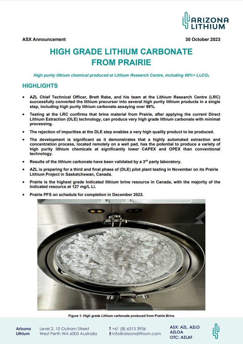 61Financial_AU's tweet photo. Arizona Lithium (#ASX: $AZL) has successfully converted a #lithium precursor involving Direct Lithium Extraction and Cross Flow Reverse Osmosis technology to a variety of high purity #battery chemicals, including 99%+ lithium carbonate.
https://t.co/idOUXZVfCJ
#stocks https://t.co/mqdzRgq1xa
