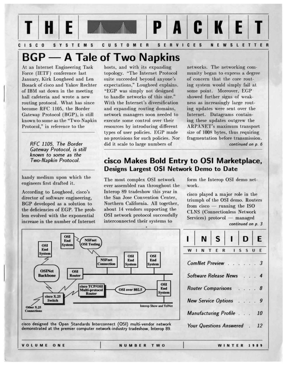 masoodnt10's tweet photo. Internet was born on two napkins! BGP has a humble origin story. In 1989, two engineers, Kirk and Yakov, were having lunch at an IETF conference. They were discussing the need for a new routing protocol, and they began to sketch out their ideas on two napkins 🤔 https://t.co/l7qrQTr58H