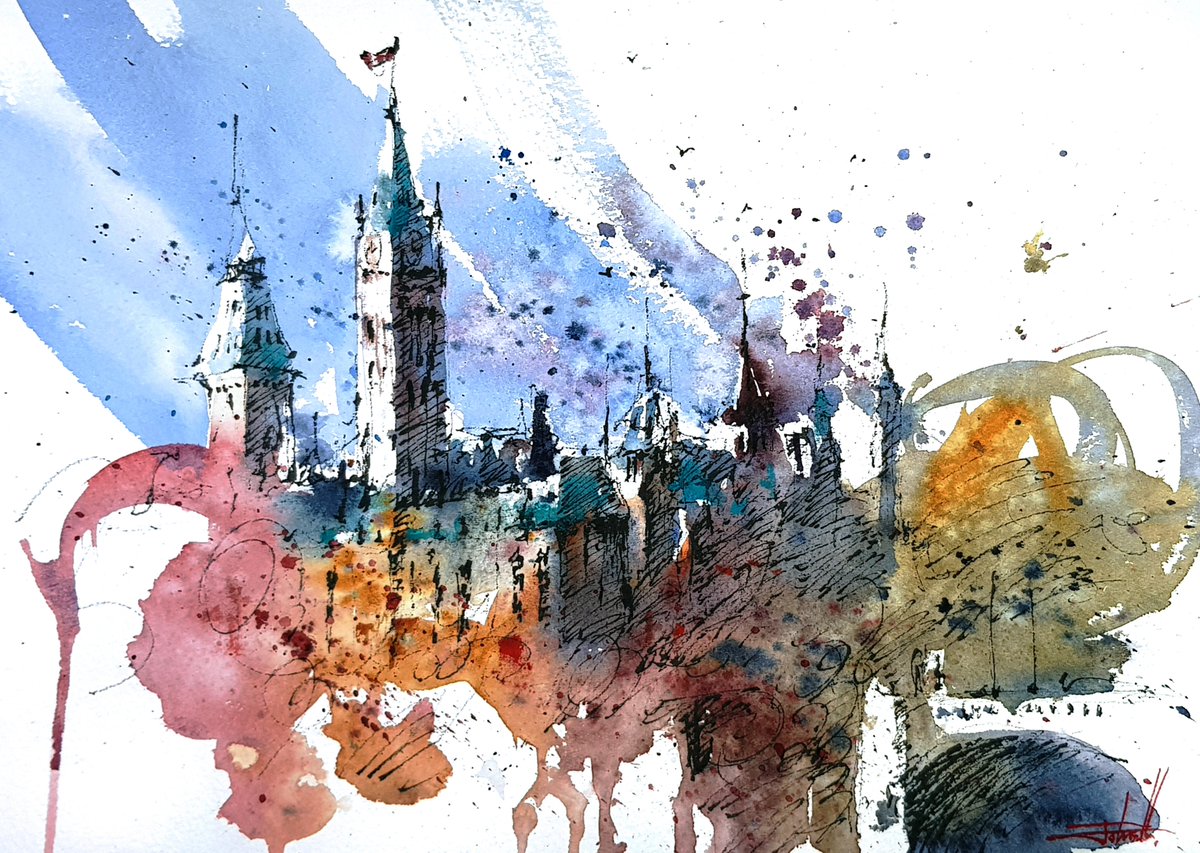 Ottawa Parliament Hill Pen & Wash, Ottawa, Canada... #penandwash #watercolor #parliamenthill #Ottawa #Canada #Travelbypainting