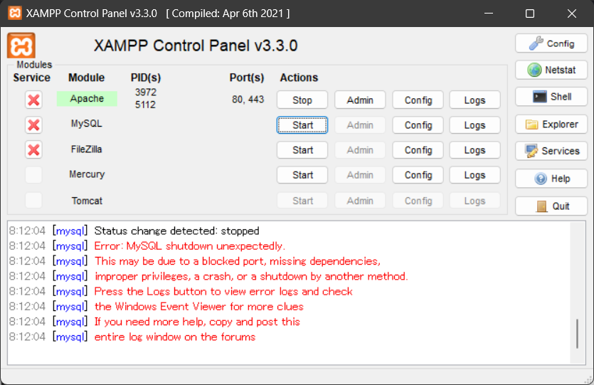 nanpresakusaku's tweet image. 朝一番から開発環境のデーターベースが起動しない

マジ笑えないなWindows11

前回10/8から３週間しか経ってない

XAMPP使ってる人はWindows11にアップグレードしない方がいいよ

#XAMPP #Windows11
