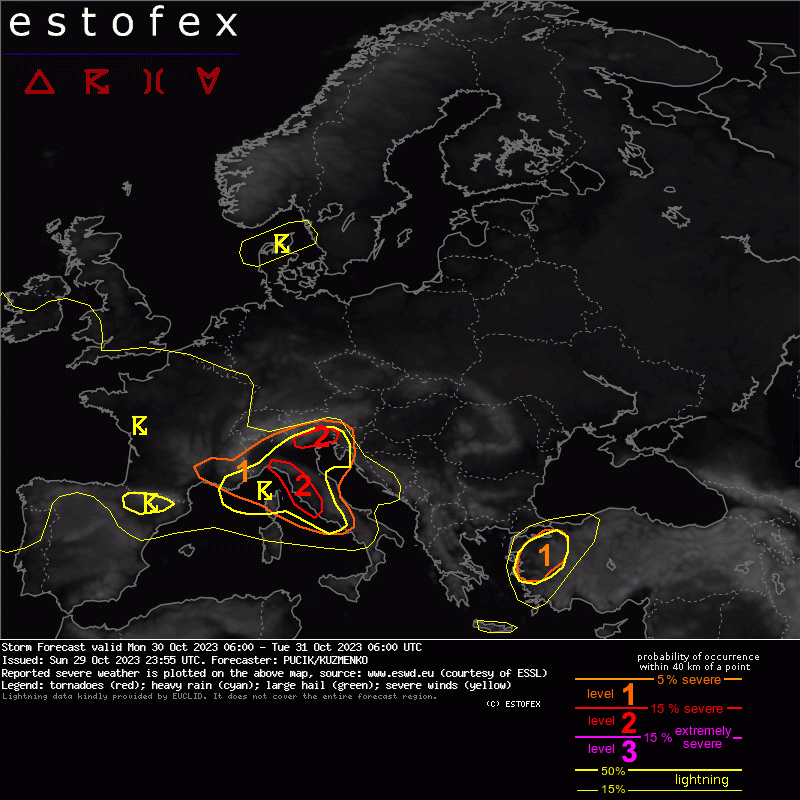 On Monday, severe weather primary in the form of heavy convective rainfall is forecast across parts of Italy, large hail threat will be present especially in the western Lvl 2. Tornado threat conditional on the presence of surface-based storms. Read more: estofex.org/cgi-bin/polygo…