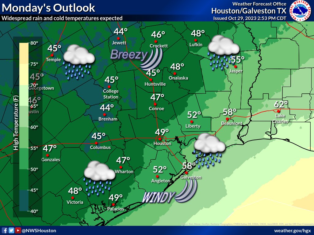 NWSHouston's tweet photo. The strong cold front is moving off the coast this evening. Expect colder temps &amp; wind chills across all of SE TX for much of the upcoming week. First freeze of the season may happen near and especially to the N of Huntsville Tue night and/or Wed night. #txwx #houwx #glswx #bcswx https://t.co/K7fEMQNOzu