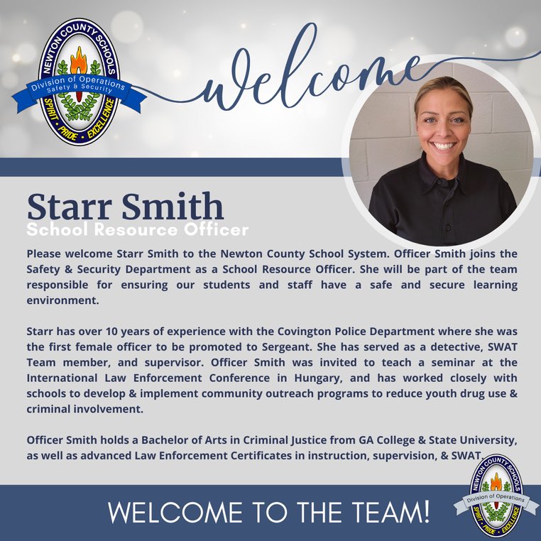 Announcement: Please welcome SRO Starr Smith to the @NewtonCoSchools Safety and Security Team! Officer Smith’s commitment to safety strengthens our mission. #NCSSBeTheBest #NCSSWorkingTogether