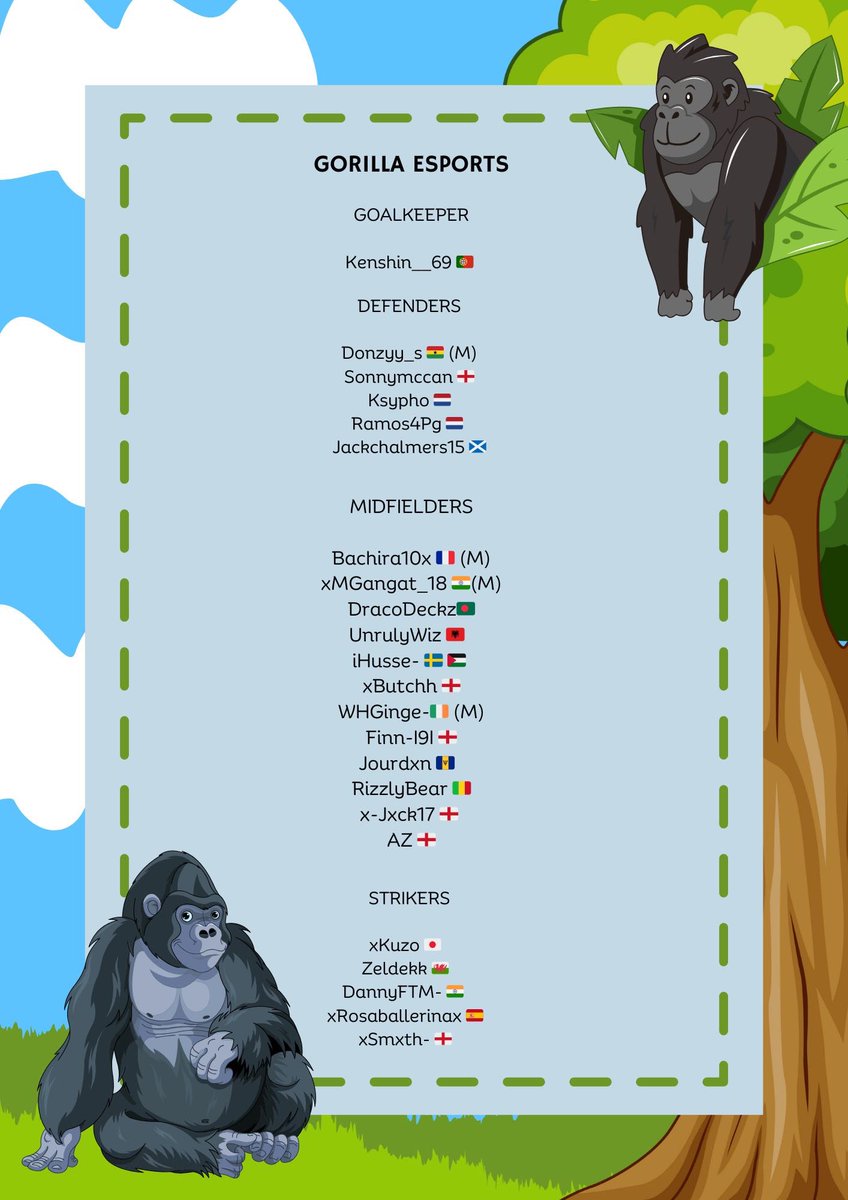 Official Gorilla Esports squad for the upcoming <a href="/OfficialVPG/">Virtual Pro Gaming</a> season. 

Up the Gorillas 🦍🦍🦍🦍