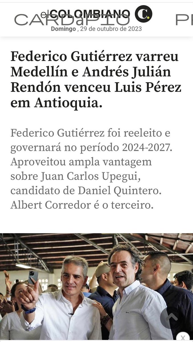 Luciano Buligon (@lbuligon) on Twitter photo Parabéns ao amigo <a href="/FicoGutierrez/">Fico Gutiérrez</a> depois de uma votação histórica, volta a comandar #Medellin
📷 <a href="/elcolombiano/">El Colombiano</a> Parabéns ao amigo <a href="/FicoGutierrez/">Fico Gutiérrez</a> depois de uma votação histórica, volta a comandar #Medellin
📷 <a href="/elcolombiano/">El Colombiano</a>