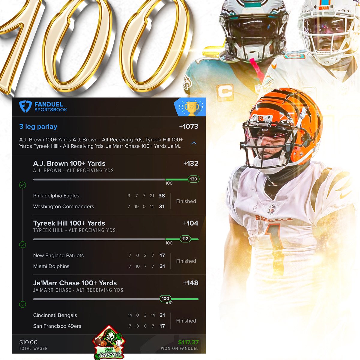 BDunk975's tweet photo. Who tailed the 100+ club parlay I posted?? 😝🤞🏼 Ja’Marr made us sweat the last 20 but I’ll TAKE it. Get this to 100 reposts and I’ll share my MNF parlay and World Series parlay tomorrow night for Twitter. https://t.co/4PqeHGp58W https://t.co/fTSr94vtMb