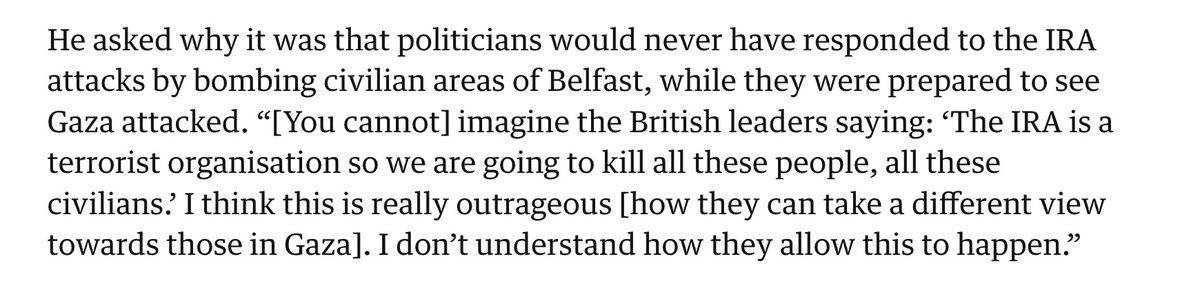 NathanJRobinson's tweet image. This is an important point. If the British had responded to IRA attacks on civilians by launching relentless air strikes on Irish civilian neighborhoods, it would have appeared obviously psychopathic and deranged. Yet in Gaza this is considered a reasonable response to terror.