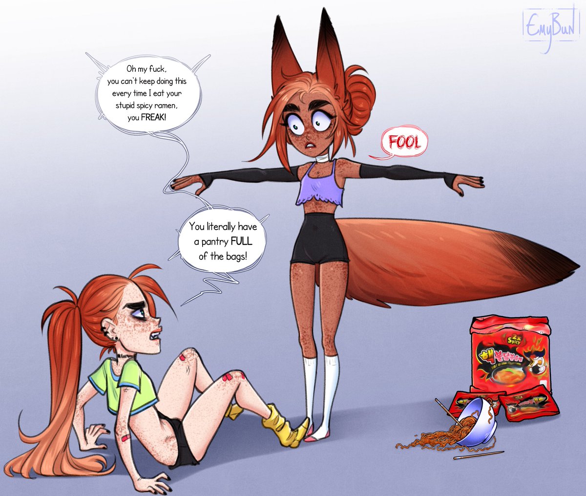 EmyBunnyy's tweet photo. How dare Lark eat Adaline's ramen. Now she must assert her dominance by T-posing.

A ko-fi request for Erebor64~ https://t.co/WkHyWZm4oO