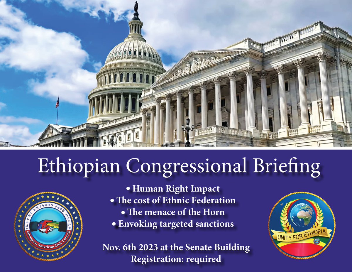 EACC announces a unique opportunity in bringing Ethiopia's crisis into world focus. Location: US Senate, Russell Senate Office Building 2 Constitution Avenue Northeast Washington, DC 20002 Register here: Nov 6th, 2023 at 10 AM, seats are limited eventbrite.com/e/ethiopian-so…