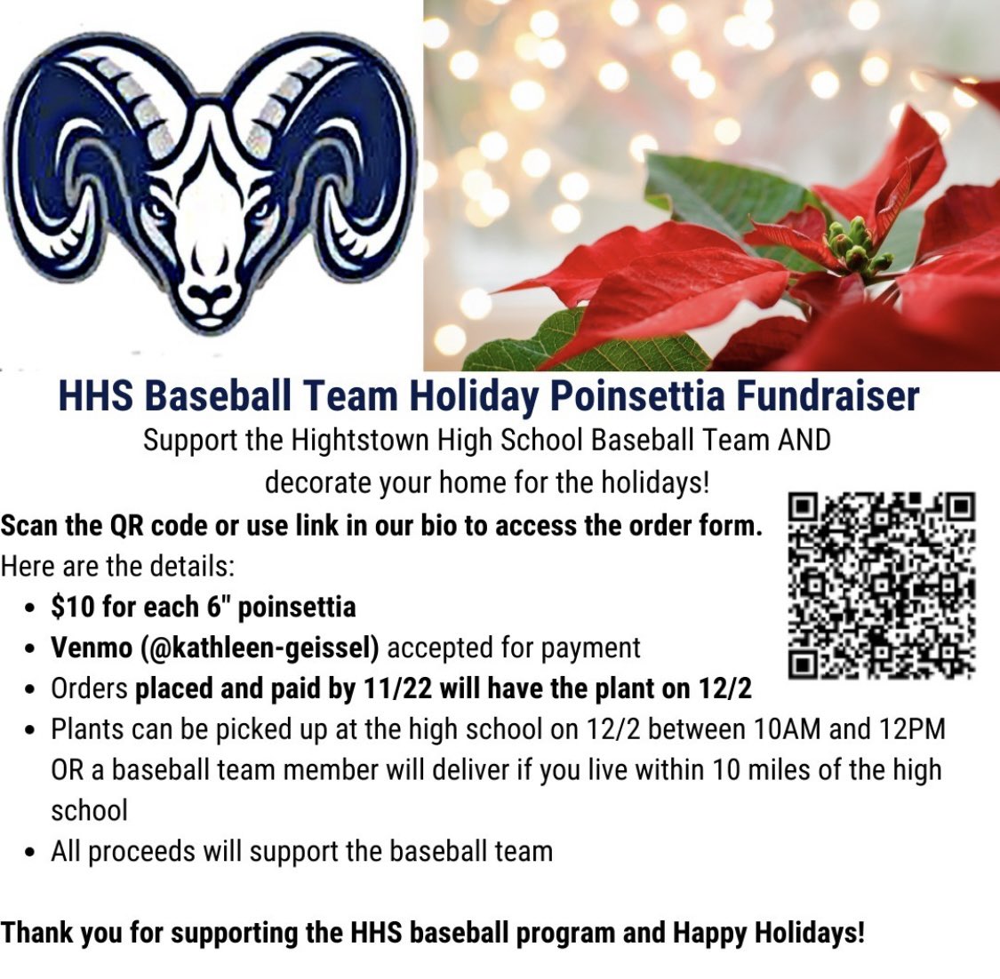 The holidays are almost here and what better way to decorate and support your favorite baseball team then by purchasing a beautiful poinsettia! You can use the QR code of the link in our bio for digital orders. Happy Holidays! 

docs.google.com/forms/d/e/1FAI…