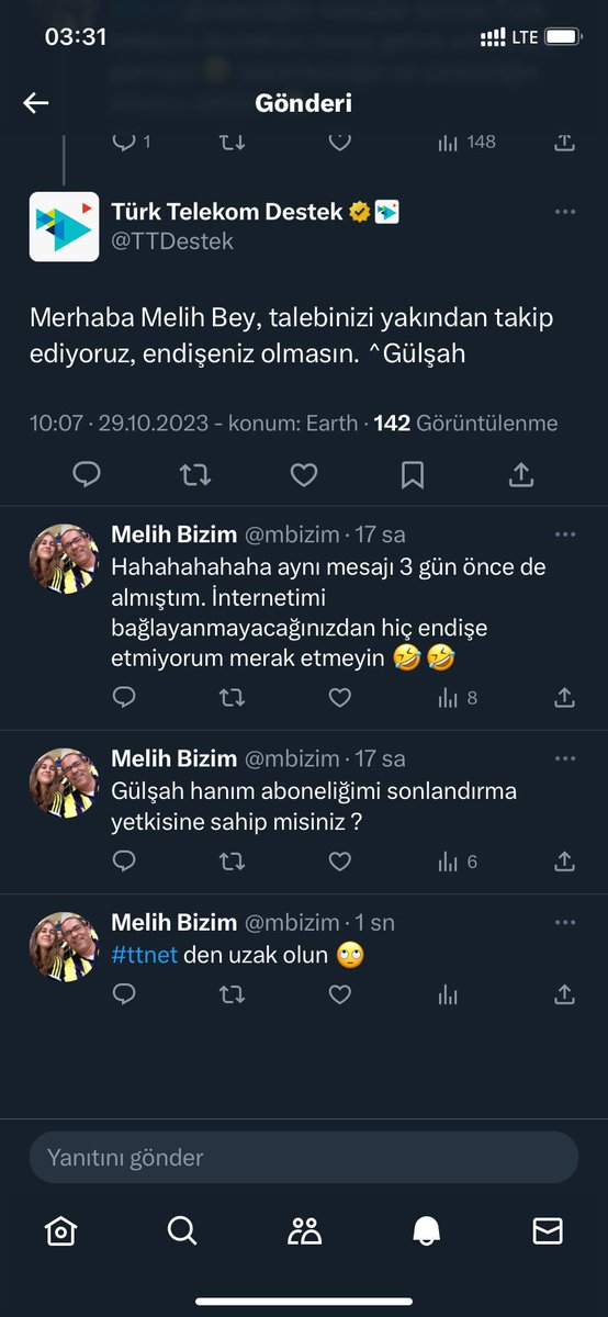 #ttnet #turktelekom bir haftadır yazıyorum bir tane yöneticiniz bu mesajları görmedi mi. Bu adamın internetini bağlayın sesini kessin demedi mi..