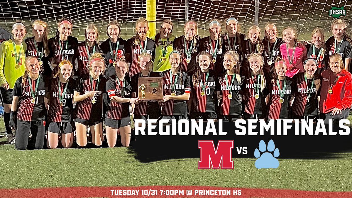 Milford Athletics (@milford_eagles) on Twitter photo Who needs candy on Halloween when you can have big time soccer ⚽️!!! <a href="/MHSEaglesSoccer/">Milford Girls Soccer</a> looking to bag a win in the Regional Semis Tuesday 10/31 vs MND at Princeton HS. Block off your night, show up and let’s paint the stands red!!
Regional Bracket: officials.myohsaa.org/Admin/Bracket/… Who needs candy on Halloween when you can have big time soccer ⚽️!!! <a href="/MHSEaglesSoccer/">Milford Girls Soccer</a> looking to bag a win in the Regional Semis Tuesday 10/31 vs MND at Princeton HS. Block off your night, show up and let’s paint the stands red!!
Regional Bracket: officials.myohsaa.org/Admin/Bracket/…