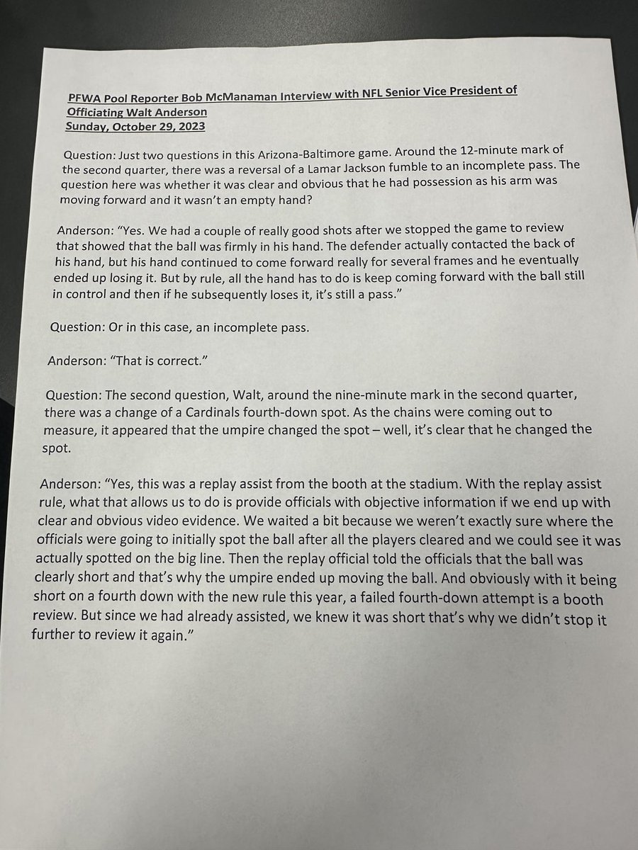 Cardschatter's tweet photo. Pool report from #BALvsAZ regarding the re-spot of the fourth-down play by the #AZCardinals: https://t.co/DIdaX7TZaK