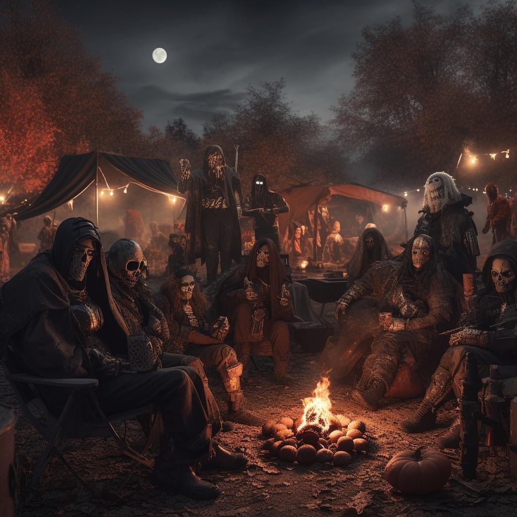 MorrowProject's tweet image. Sentry reports they have one lone wagon with what appears to be a family group. No weapons are evident. 
Later this poor family rolled up on us in the middle of our Halloween party. I'm quite sure the family thought they had taken a wrong turn into hell. 
#postapocalyptic